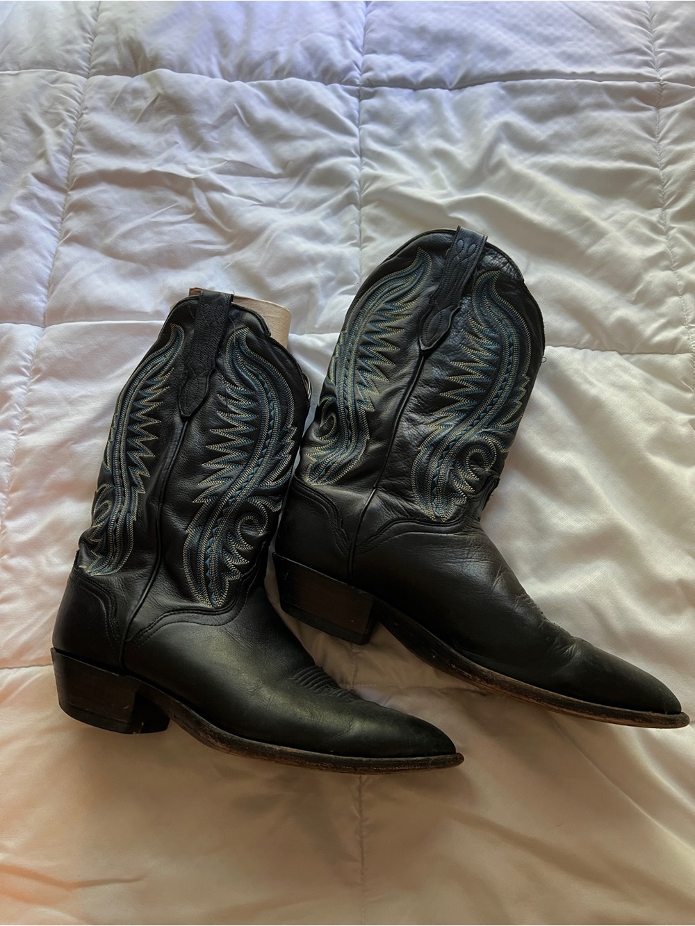 J. Chisholm Black Cowboy Boots with Blue and Yellow Stitching, Mens 12 wide